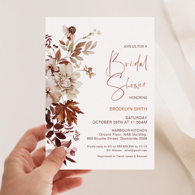 Invitation Floral Brown Beige Chute en Fête des mariées d'amo (Fall in Love Bridal Shower Invitation Template, Autumn Fall In Love Bridal Shower Invite, Floral )