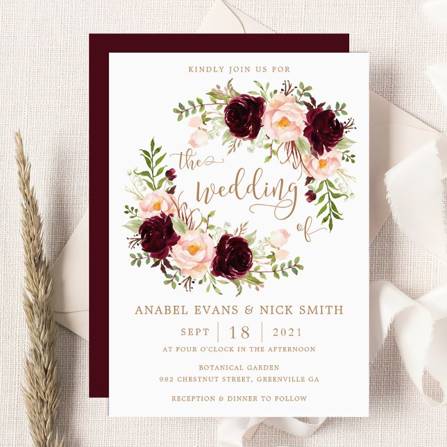 Invitation Floral Burgundy Blush Élégant Mariage de typograph (Créateur téléchargé)