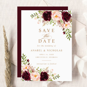 Invitation Floral Burgundy Blush élégant moderne Enregistrer 