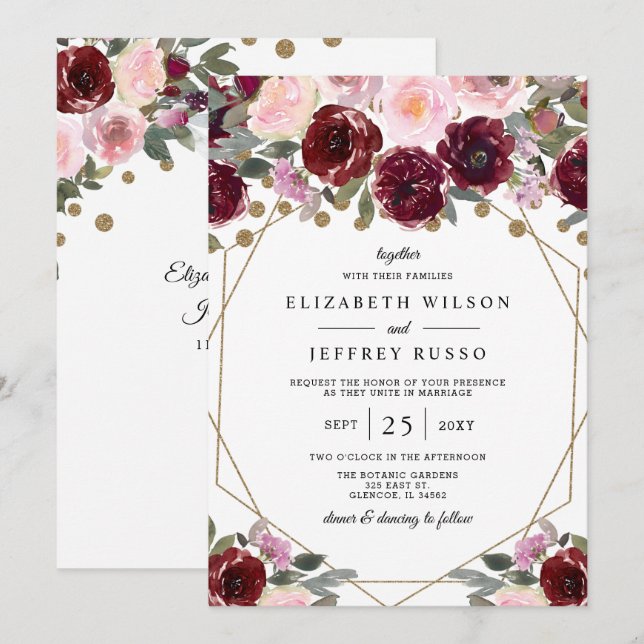 Invitation Floral Burgundy Blush or Mariage géométrique (Devant / Derrière)