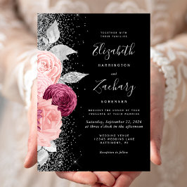 Invitation Floral Burgundy Blush Parties scintillant argent M