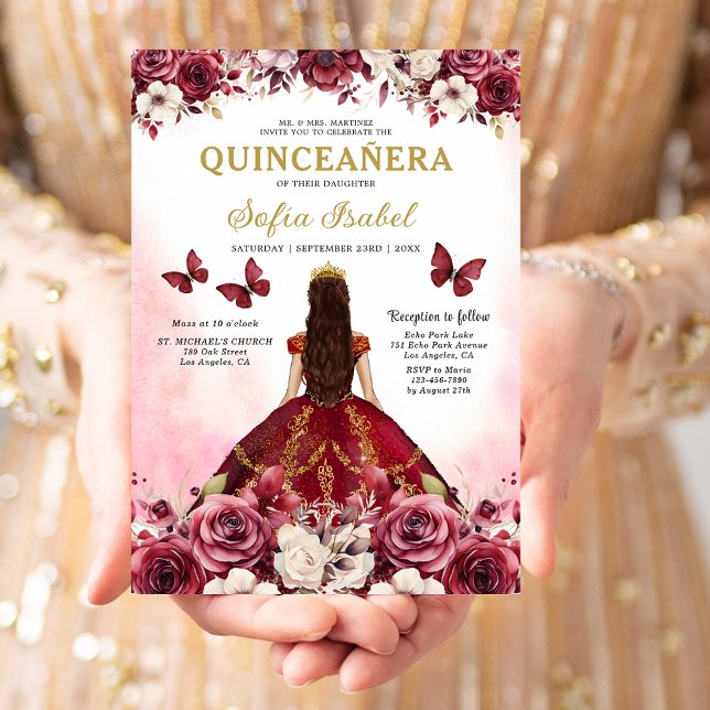 Invitation Floral Burgundy Butterfly Princess Quinceanera (Créateur téléchargé)