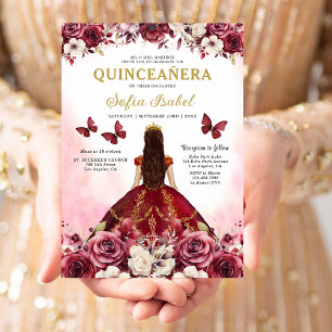 Invitation Floral Burgundy Butterfly Princess Quinceanera