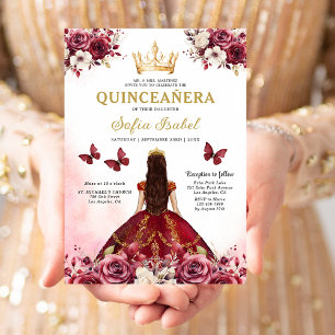 Invitation Floral Burgundy Butterfly Princess Quinceanera