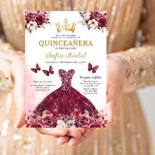 Invitation Floral Burgundy Butterfly Princess Quinceanera