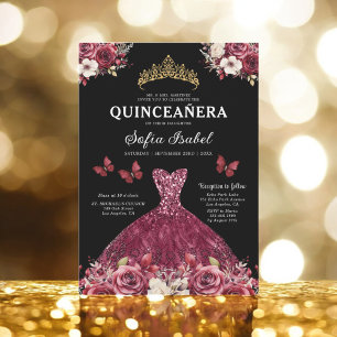 Invitation Floral Burgundy Butterfly Princess Quinceanera