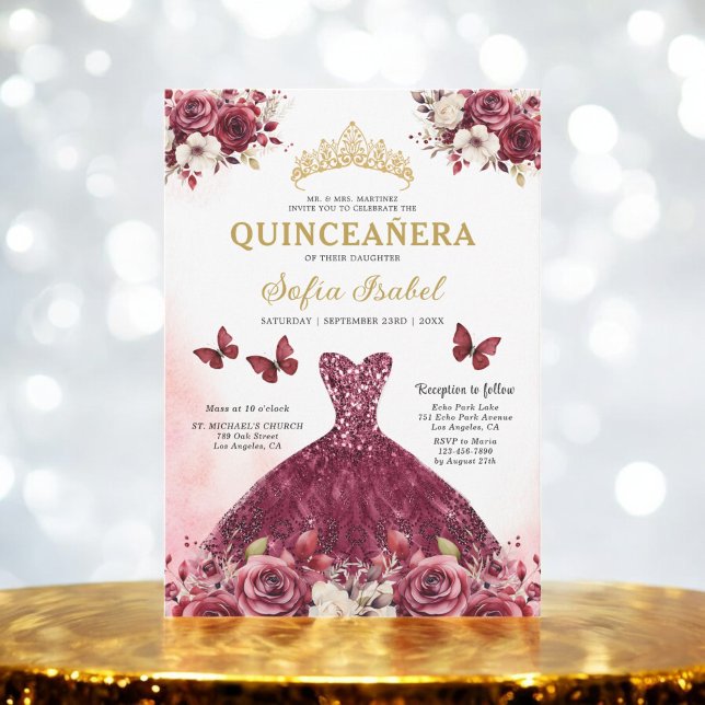 Invitation Floral Burgundy Butterfly Princess Quinceanera (Créateur téléchargé)