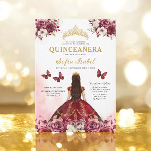 Invitation Floral Burgundy Butterfly Princess Quinceanera