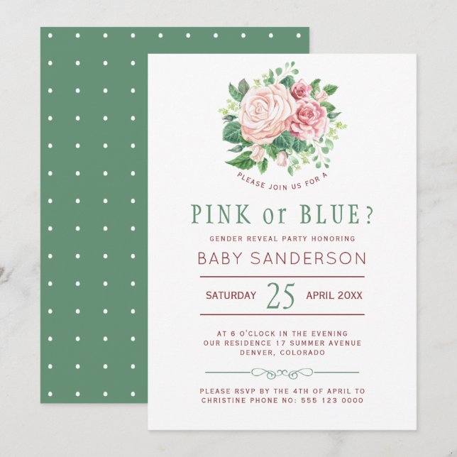 Invitation Floral Burgundy Green Baby Genre Revevey Party (Devant / Derrière)