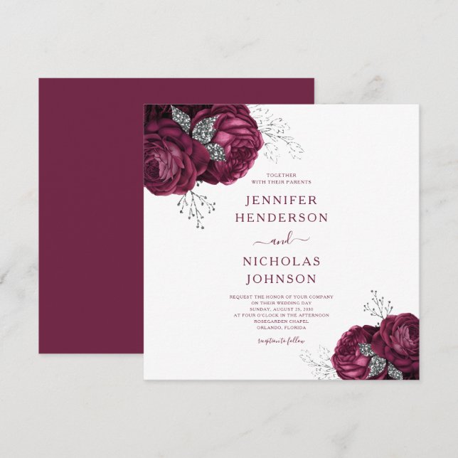 Invitation Floral Burgundy Peonies Mariage élégant (Devant / Derrière)