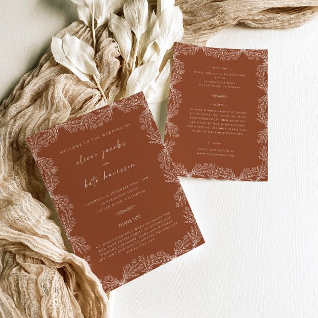 Invitation Floral Burnt Orange Mariage avant et arrière (Créateur téléchargé)