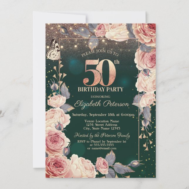 Invitation Floral, Butterly, Lumières 50e fête d'anniversaire (Devant)