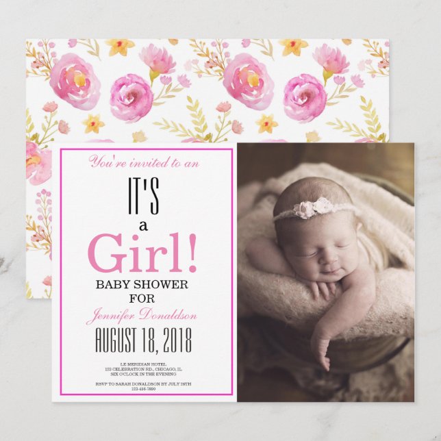 Invitation Floral C'est une fille ! Baby shower photo rose (Devant / Derrière)