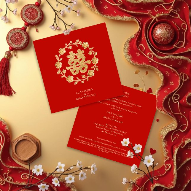 Invitation  Floral Charming Glitter Chinese Double Happiness (Charming Glitter Effect Floral Chinese Double Happiness Symbol Wedding Engagement Party Invitation.)