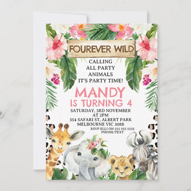 Invitation Floral Cheetah Imprimer Fourever Wild 4e anniversa (Devant)
