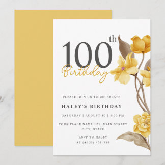 Invitation Floral Chic Elegant Simple Jaune 100e anniversaire