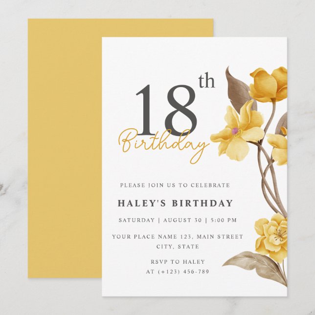 Invitation Floral Chic Elégant Simple Jaune 18e anniversaire (Devant / Derrière)