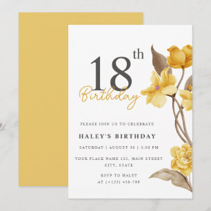 Invitation Floral Chic Elégant Simple Jaune 18e anniversaire