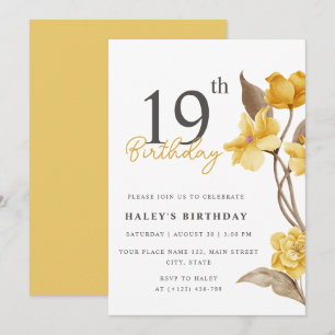 Invitation Floral Chic Elégant Simple Jaune 19e anniversaire
