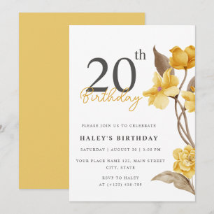 Invitation Floral Chic Elegant Simple Jaune 20e anniversaire