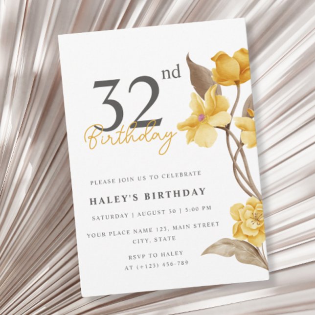 Invitation Floral Chic Elegant Simple Jaune 32e Anniversaire (Créateur téléchargé)