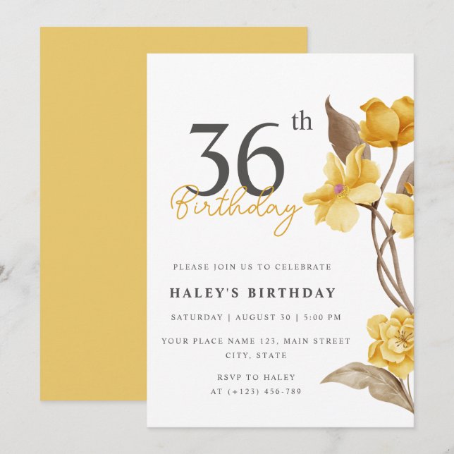 Invitation Floral Chic Elegant Simple Jaune 36e anniversaire (Devant / Derrière)