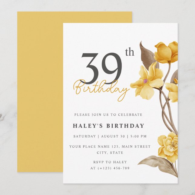 Invitation Floral Chic Elegant Simple Jaune 39e anniversaire (Devant / Derrière)