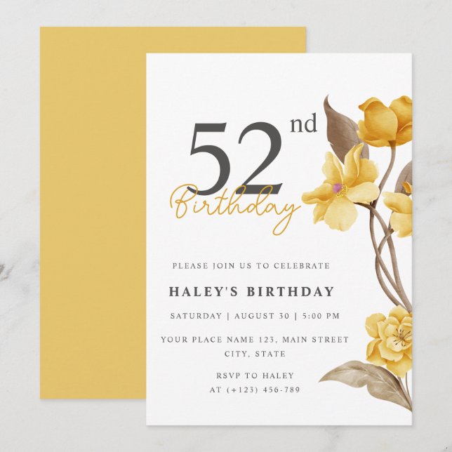 Invitation Floral Chic Elegant Simple Jaune 52e Anniversaire (Devant / Derrière)