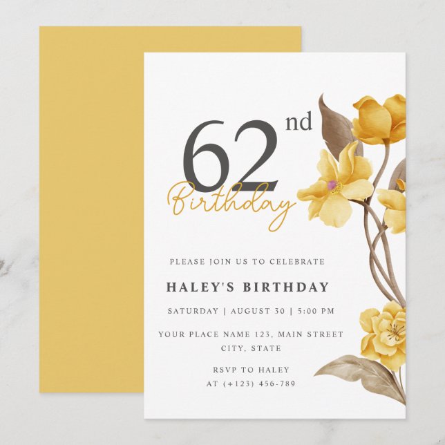 Invitation Floral Chic Elegant Simple Jaune 62e Anniversaire (Devant / Derrière)