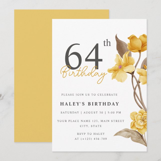 Invitation Floral Chic Elegant Simple Jaune 64e anniversaire (Devant / Derrière)