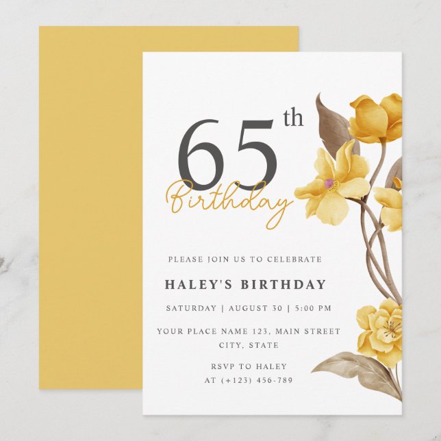 Invitation Floral Chic Elegant Simple Jaune 65e anniversaire (Devant / Derrière)