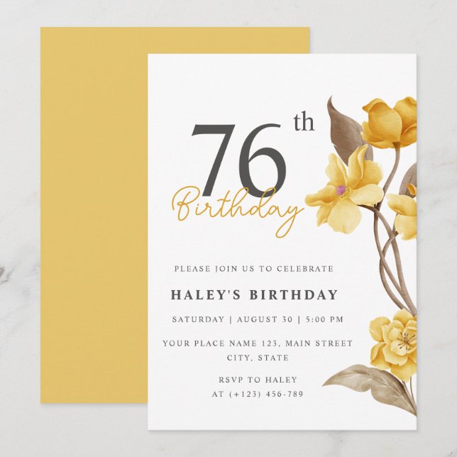 Invitation Floral Chic Elegant Simple Jaune 76e anniversaire (Devant / Derrière)