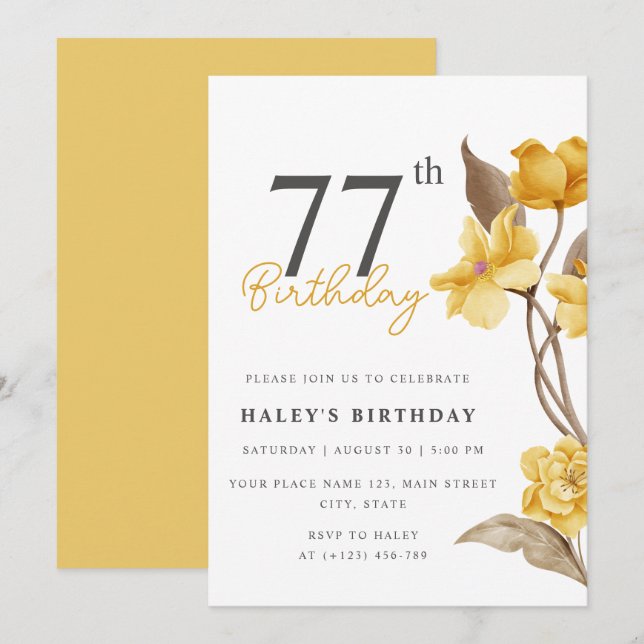 Invitation Floral Chic Elegant Simple Jaune 77e anniversaire (Devant / Derrière)