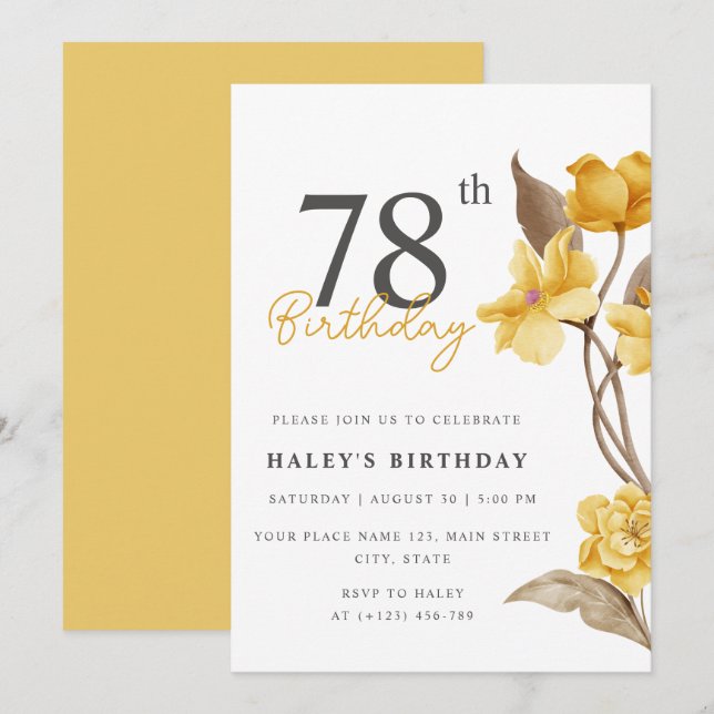 Invitation Floral Chic Elegant Simple Jaune 78e anniversaire (Devant / Derrière)