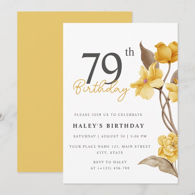 Invitation Floral Chic Elegant Simple Jaune 79e anniversaire (Devant / Derrière)