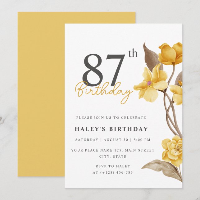Invitation Floral Chic Elegant Simple Jaune 87e anniversaire (Devant / Derrière)