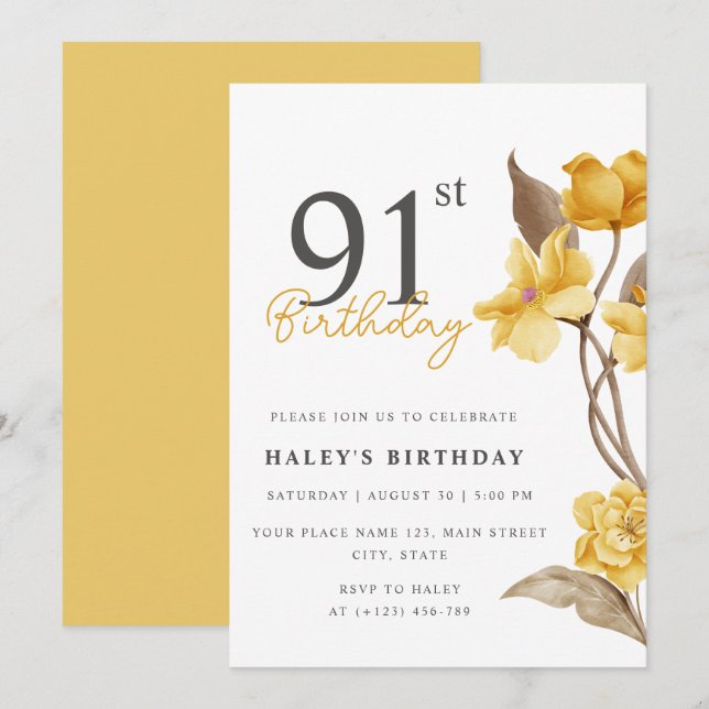 Invitation Floral Chic Elegant Simple Jaune 91e Anniversaire (Devant / Derrière)