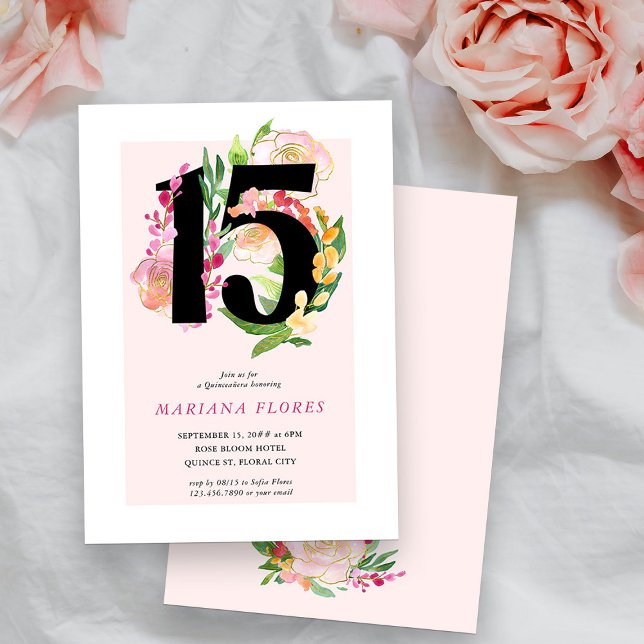 Invitation Floral Chic Numéro 15 Quinceanera rose et or (15th Birthday Invitation from my Floral Chic Quinceanera Collection
)