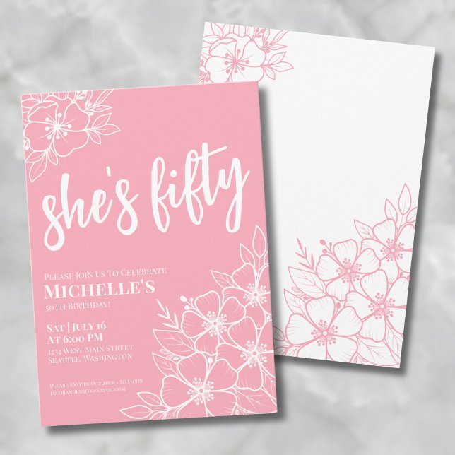 Invitation Floral Cinquante-cinquantième fête d'anniversaire (Floral Fifty Pink 50th Birthday Party Invitation)