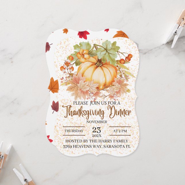 Invitation Floral Citrouille Automne part Thanksgiving Dîner (Devant/Arrière en situation)