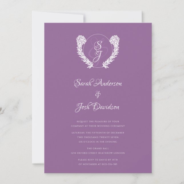 Invitation Floral Classy Monogram Lavender Mariage (Devant)