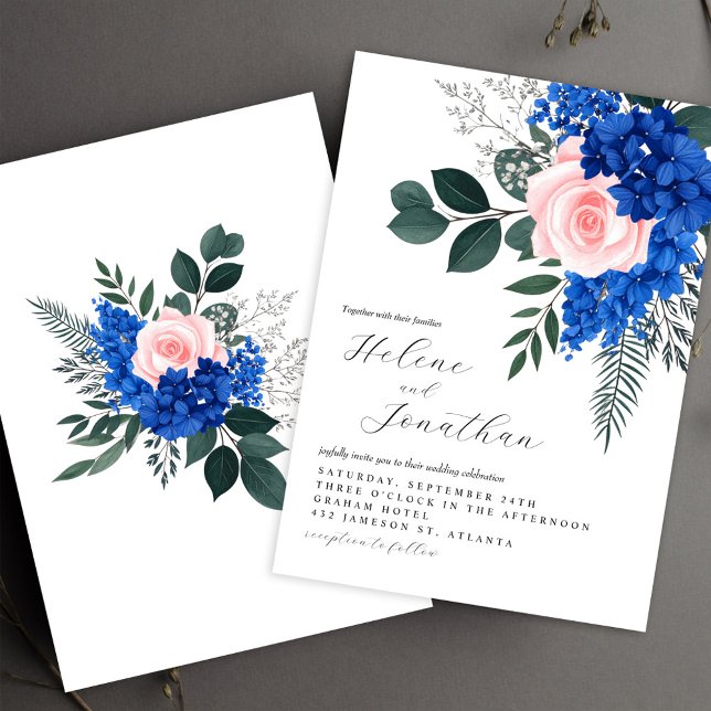 Invitation Floral Cobalt Blue Rose Garden Mariage élégant (Floral Cobalt Blue Pink Garden Elegant Wedding Invitation)