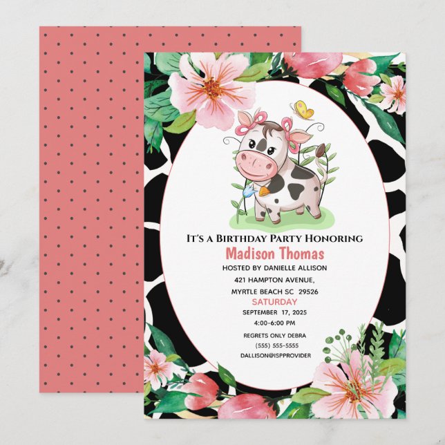 Invitation Floral Cow Imprimer Girls Anniversaire Fête Invita (Devant / Derrière)