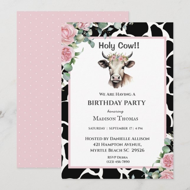 Invitation Floral Cow Imprimer Girls Anniversaire Fête Invita (Devant / Derrière)