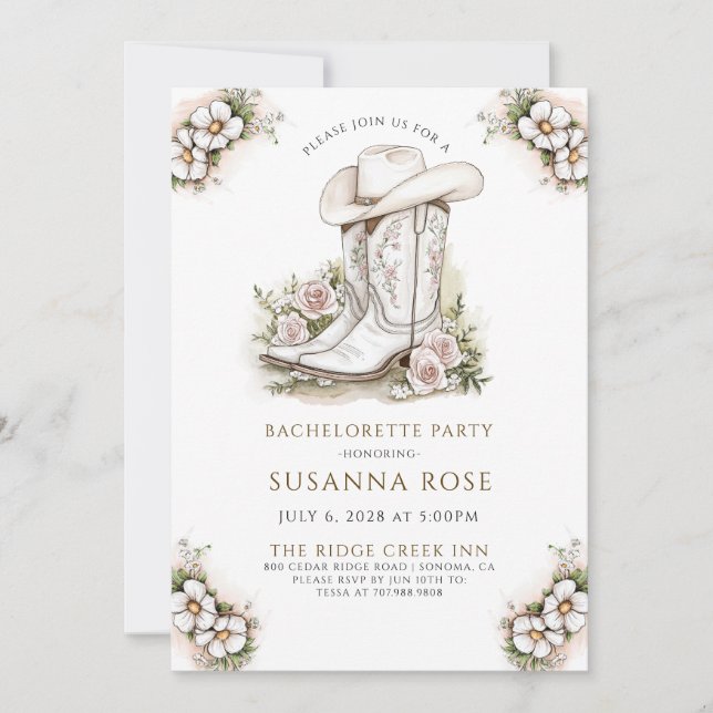 Invitation Floral Cowgirl Casquette Bottes Bachelorette Party (Devant)