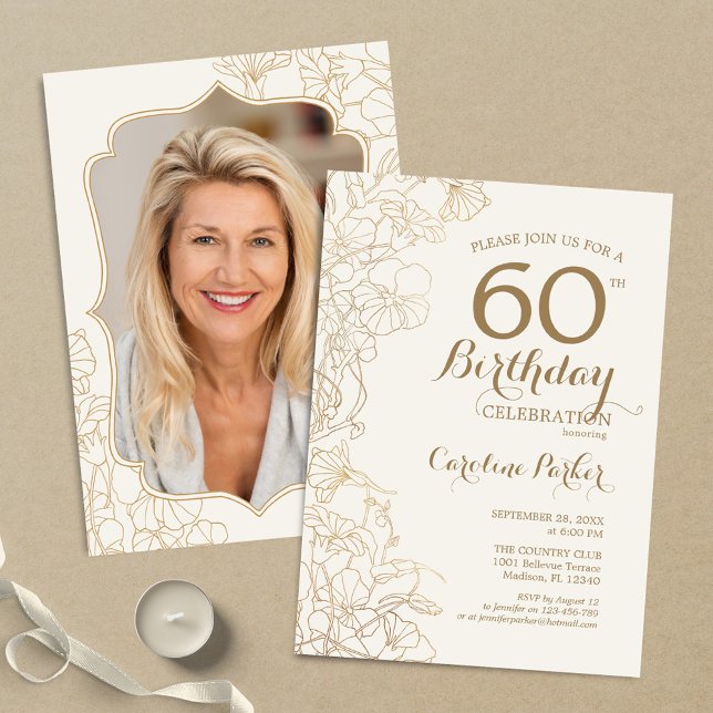 Invitation Floral Cream Gold Photo 60th Birthday Party (Créateur téléchargé)