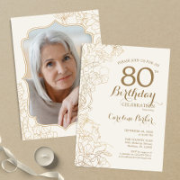 Floral Cream Gold Photo 80th Birthday Party