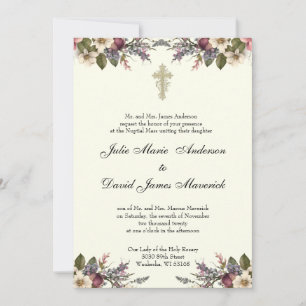 Invitation Floral Croix-Chrétienne Anneaux Mariages catholiqu