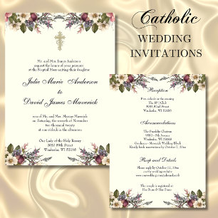 Invitation Floral Croix-Chrétienne Anneaux Mariages catholiqu