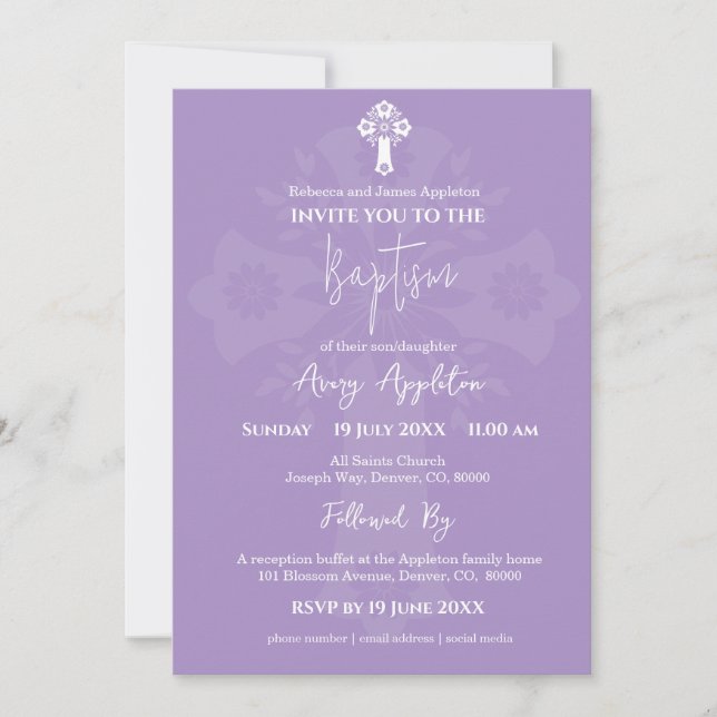 Invitation Floral Cross Baptism Lilac (Devant)